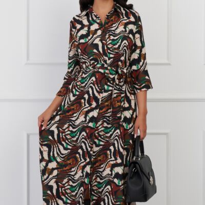 Black Friday Rochie Maria tip camasa maro cu zebra print si cordon in talie