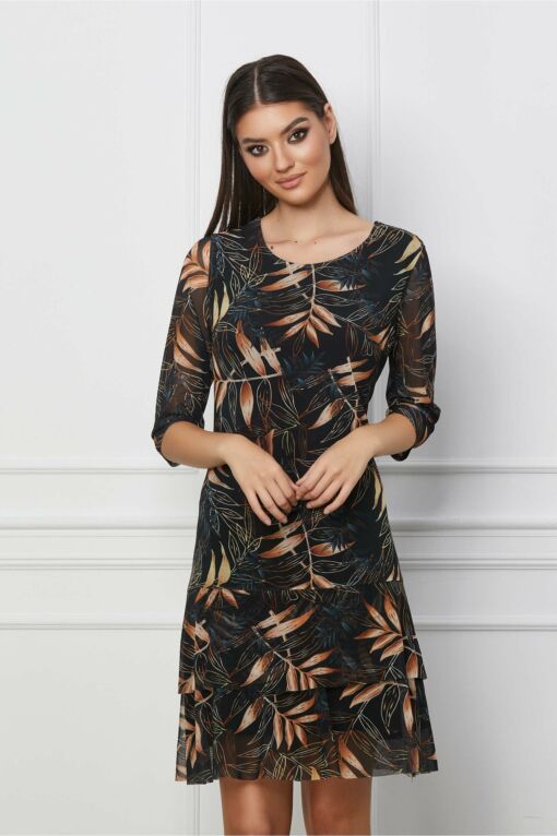 Black Friday 2022 Rochie Marisa vaporoasa neagra cu imprimeu caramiziu