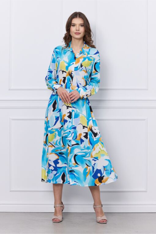 Black Friday 2022 Rochie Mary bleu cu imprimeu galben si nasturi
