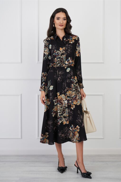 Black Friday Rochie Mary neagra cu flori maro si nasturi