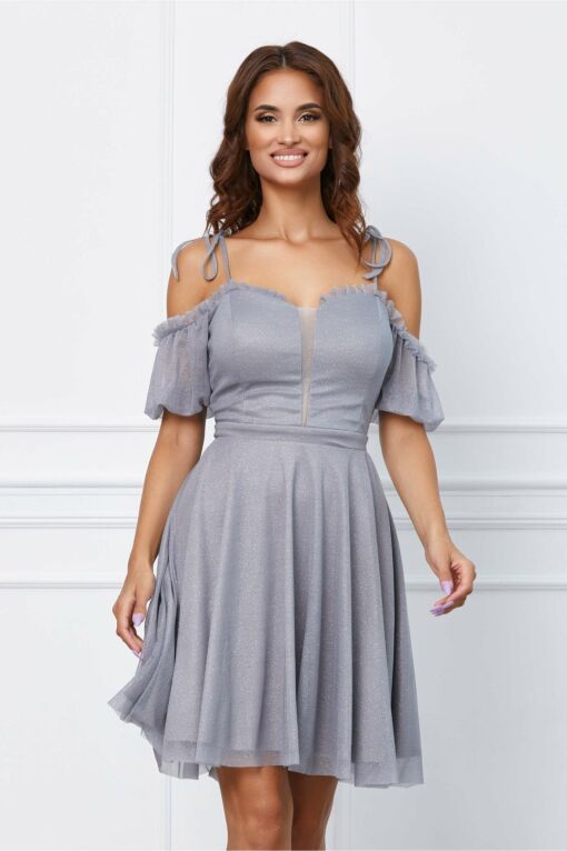 Black Friday 2022 Rochie Maya gri cu glitter si umeri goi