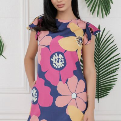 Black Friday 2022 Rochie Mbg bleumarin cu flori fucsia si volanase la maneci