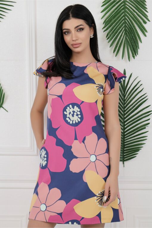 Black Friday 2022 Rochie Mbg bleumarin cu flori fucsia si volanase la maneci