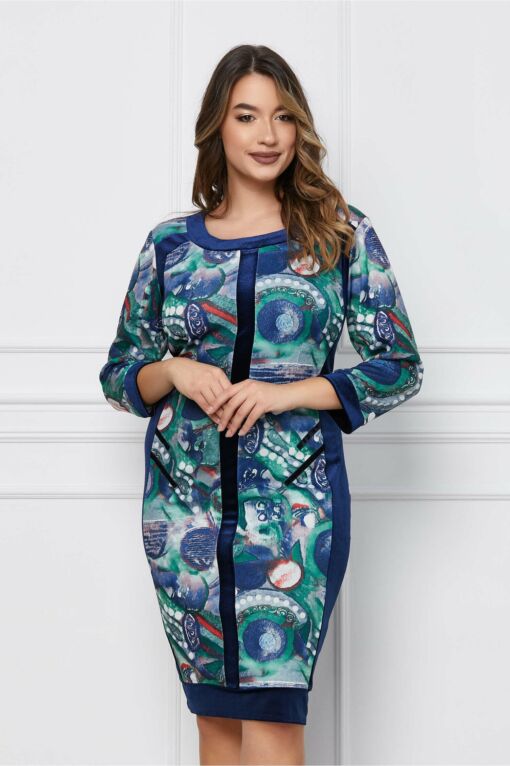 Black Friday 2022 Rochie Melania cu imprimeu verde si insertii bleumarin din catifea