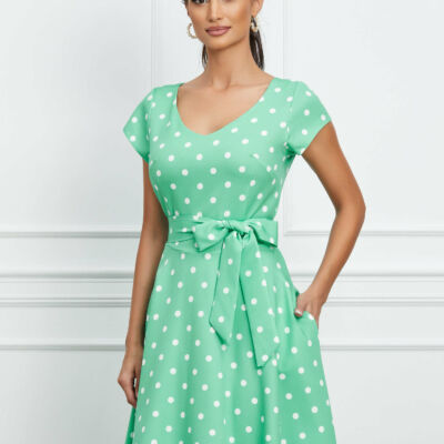 Black Friday 2022 Rochie Mihaela verde mint cu buline si cordon in talie