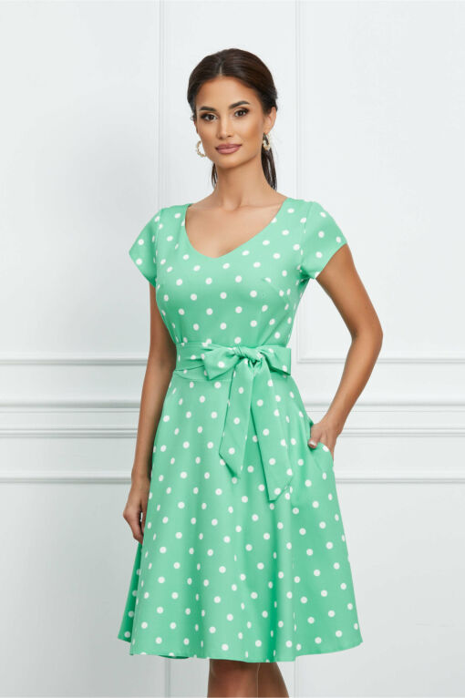 Black Friday 2022 Rochie Mihaela verde mint cu buline si cordon in talie
