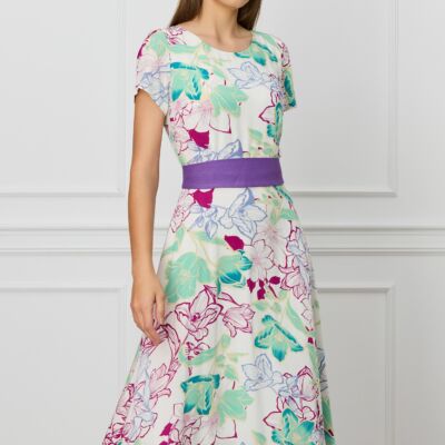 Black Friday Rochie Mira alba cu imprimeu floral mov si cordon in talie