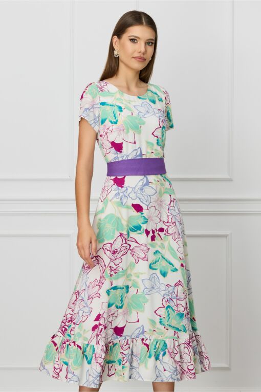 Black Friday Rochie Mira alba cu imprimeu floral mov si cordon in talie