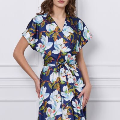 Black Friday 2022 Rochie Mira bleumarin cu imprimeuri florale si cordon in talie