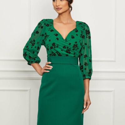 Black Friday 2022 Rochie Mirabela verde cu imprimeuri negre catifelate la bust