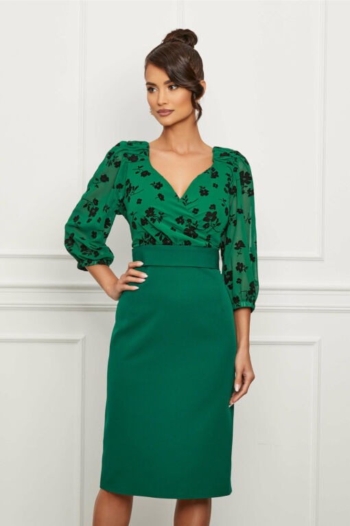 Black Friday 2022 Rochie Mirabela verde cu imprimeuri negre catifelate la bust