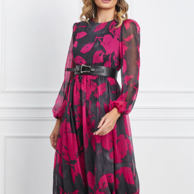 Black Friday 2022 Rochie Miranda gri cu imprimeuri fucsia si curea in talie