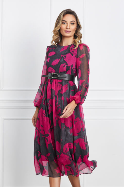 Black Friday 2022 Rochie Miranda gri cu imprimeuri fucsia si curea in talie