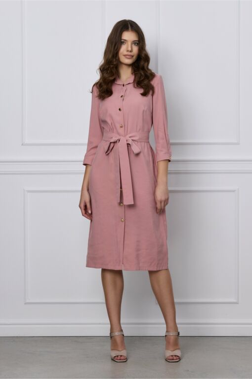 Black Friday Rochie Mirena roz tip camasa cu cordon in talie