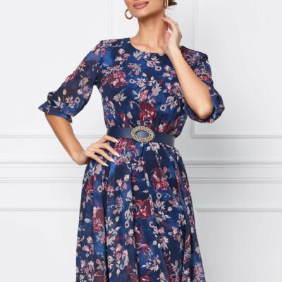 Black Friday 2022 Rochie Miriam albastra cu imprimeu floral si curea in talie