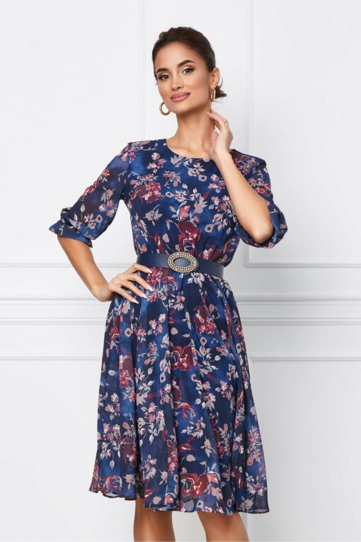 Black Friday 2022 Rochie Miriam albastra cu imprimeu floral si curea in talie