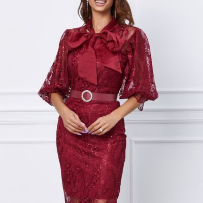 Black Friday 2022 Rochie Miriam bordo din dantela cu guler tip esarfa