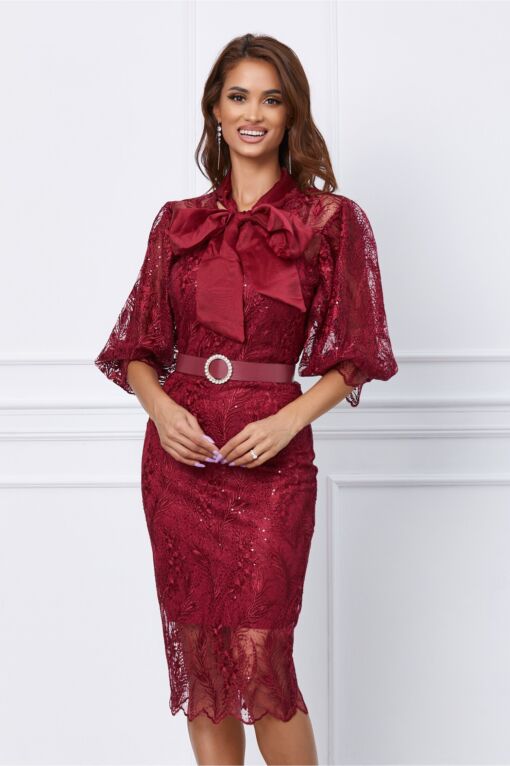 Black Friday 2022 Rochie Miriam bordo din dantela cu guler tip esarfa