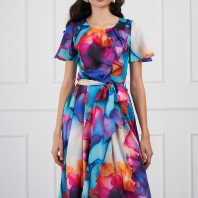 Black Friday 2022 Rochie Miruna cu imprimeu multicolor watercolor si cordon in talie