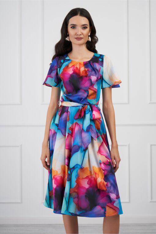 Black Friday 2022 Rochie Miruna cu imprimeu multicolor watercolor si cordon in talie