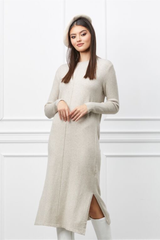 Black Friday Rochie Moira bej din tricot cu crepeuri la baza