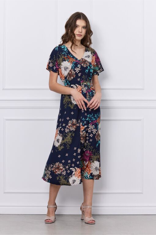 Black Friday 2022 Rochie Mona bleumarin cu imprimeuri florale caramizii