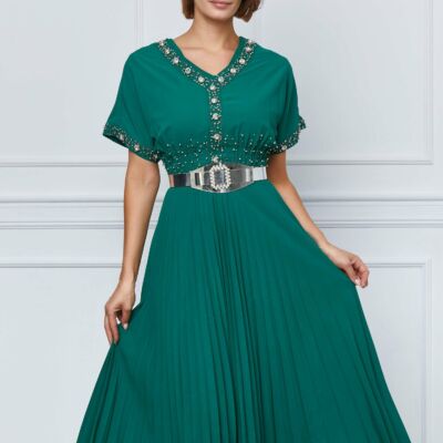 Black Friday 2022 Rochie Mona verde cu aplicatii stralucitoare si curea in talie
