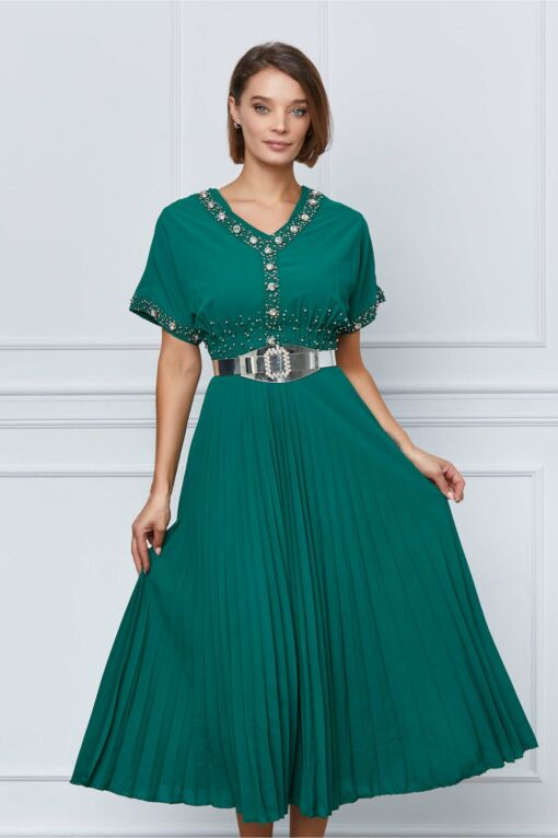 Black Friday 2022 Rochie Mona verde cu aplicatii stralucitoare si curea in talie