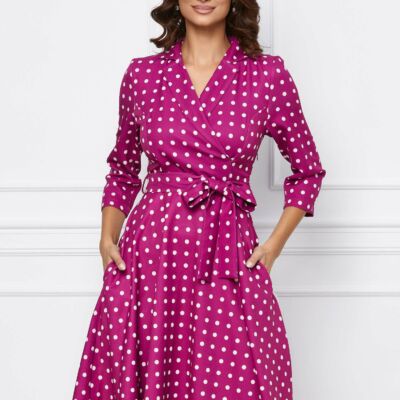 Black Friday 2022 Rochie Monica magenta cu buline albe si cordon in talie