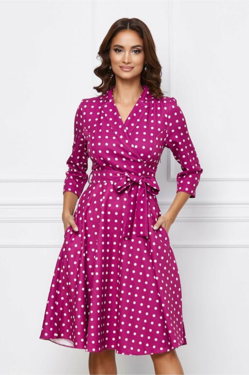 Black Friday 2022 Rochie Monica magenta cu buline albe si cordon in talie