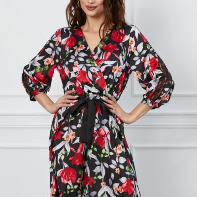 Black Friday 2022 Rochie Monica neagra cu imprimeu floral si cordon in talie