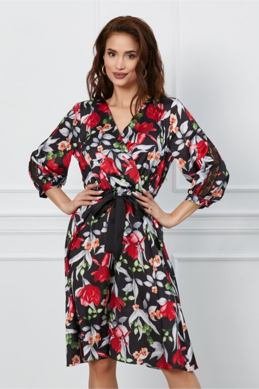 Black Friday 2022 Rochie Monica neagra cu imprimeu floral si cordon in talie