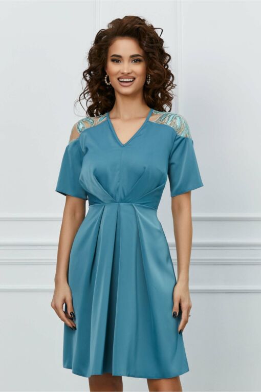 Black Friday 2022 Rochie Moze albastra cu broderie florala la umeri