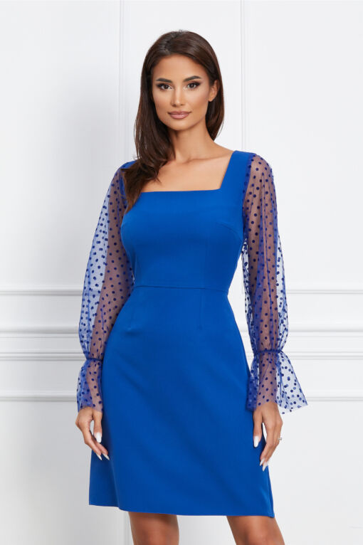 Black Friday 2022 Rochie Moze albastra cu maneci din tulle cu buline