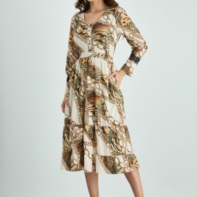 Black Friday 2022 Rochie Moze beige cu imprimeu divers si dantela la maneci