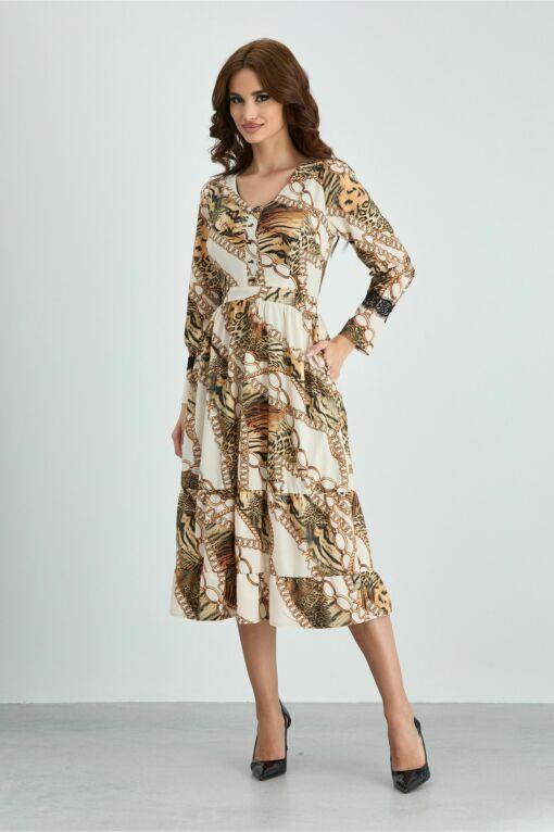 Black Friday 2022 Rochie Moze beige cu imprimeu divers si dantela la maneci