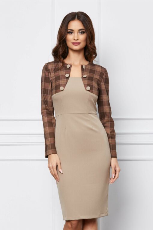 Black Friday 2022 Rochie Moze bej cu carouri maro la bust