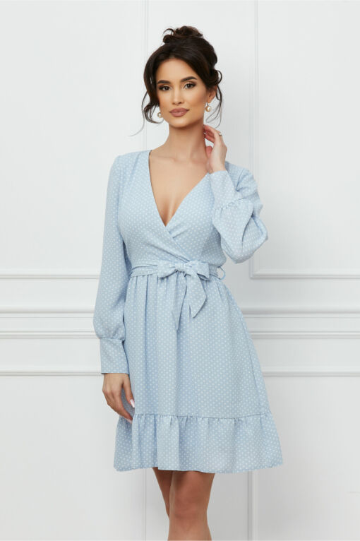 Black Friday 2022 Rochie Moze bleu cu buline albe si cordon in talie