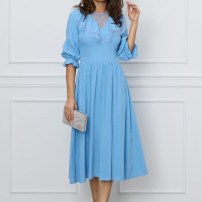 Black Friday 2022 Rochie Moze bleu cu dantela si volane la bust