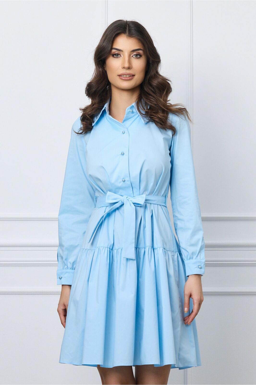 Black Friday 2022 Rochie Moze bleu tip camasa cu cordon in talie