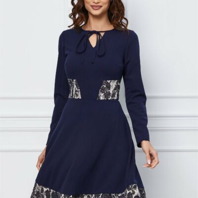 Black Friday 2022 Rochie Moze bleumarin cu broderie bej in talie si pe fusta
