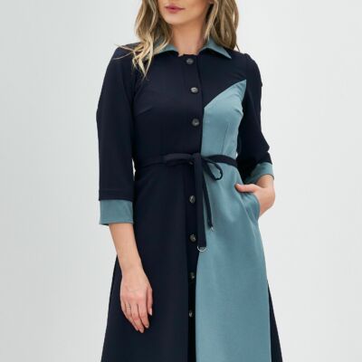 Black Friday 2022 Rochie Moze bleumarin si bleu cu cordon in talie