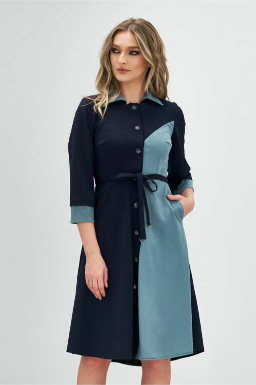 Black Friday 2022 Rochie Moze bleumarin si bleu cu cordon in talie