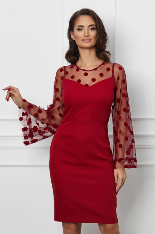 Black Friday Rochie Moze bordo cu buline catifelate pe maneci