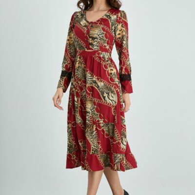 Black Friday 2022 Rochie Moze bordo cu imprimeu divers si dantela la maneci