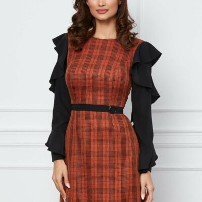 Black Friday 2022 Rochie Moze caramizie cu carouri si maneci din voal