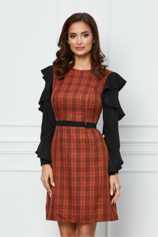 Black Friday 2022 Rochie Moze caramizie cu carouri si maneci din voal