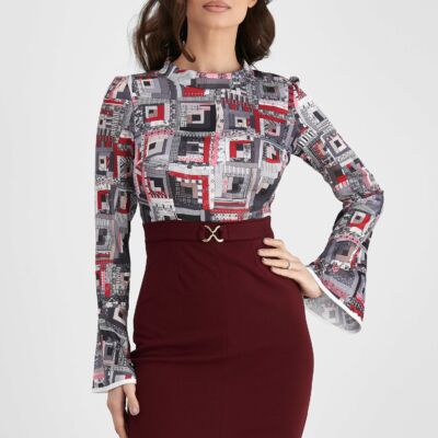 Black Friday 2022 Rochie Moze cu imprimeu pe bust si fusta bordo