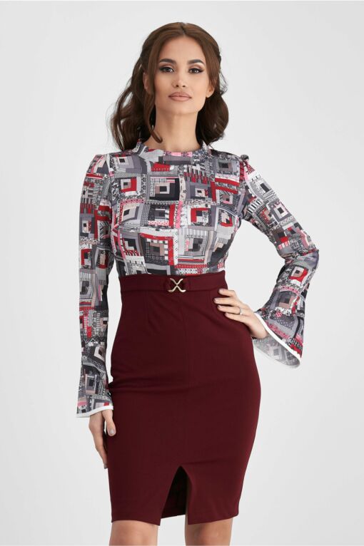 Black Friday 2022 Rochie Moze cu imprimeu pe bust si fusta bordo