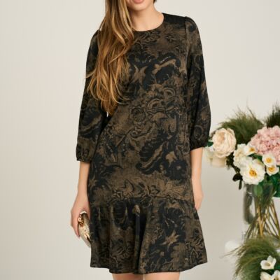 Black Friday Rochie Moze de zi din satin maro cu imprimeuri negre si volan la baza